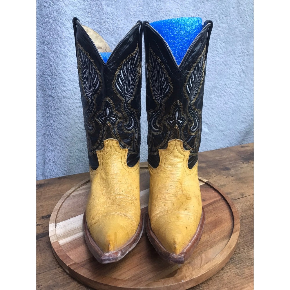 Vtg Landis J Toe Western Cowboy Boots Mens 7.5 Yellow Embossed Ostrich Quill